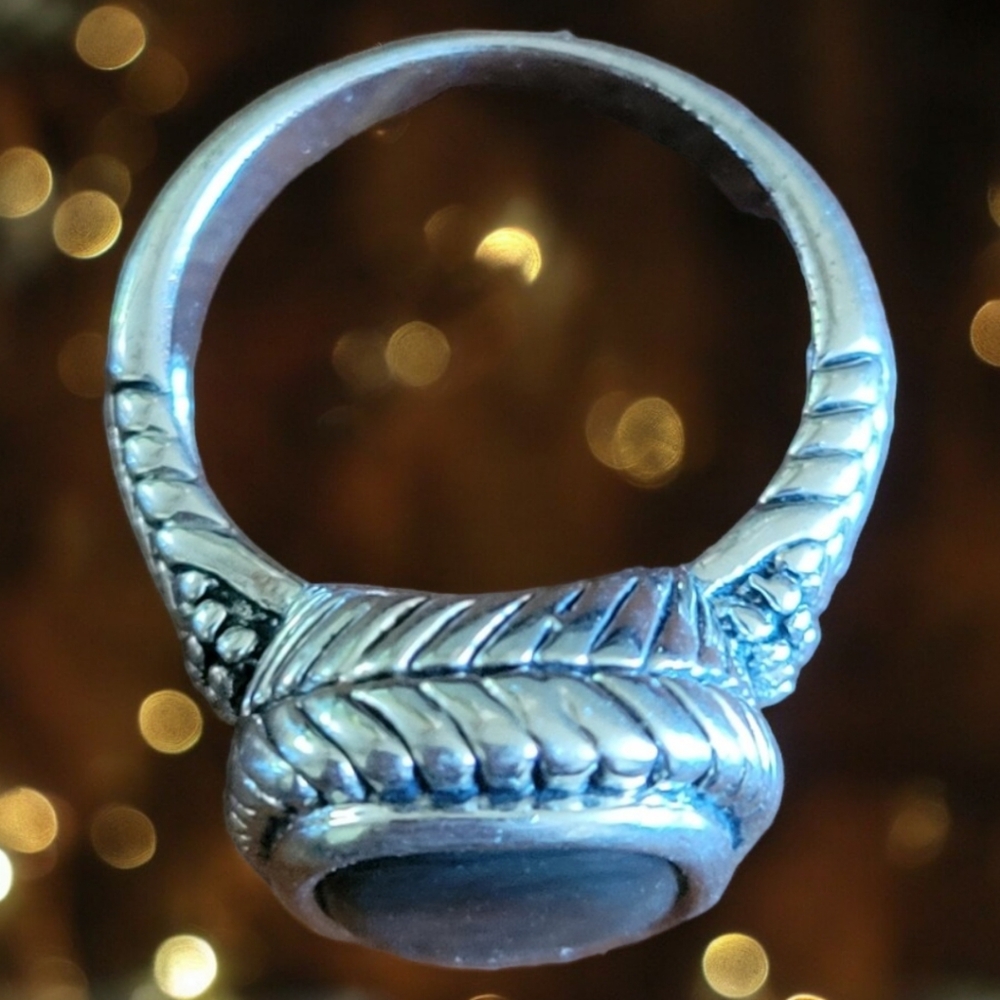 Vtg Iridescent Rectangular Opaque Gem Silver Ring… - image 3